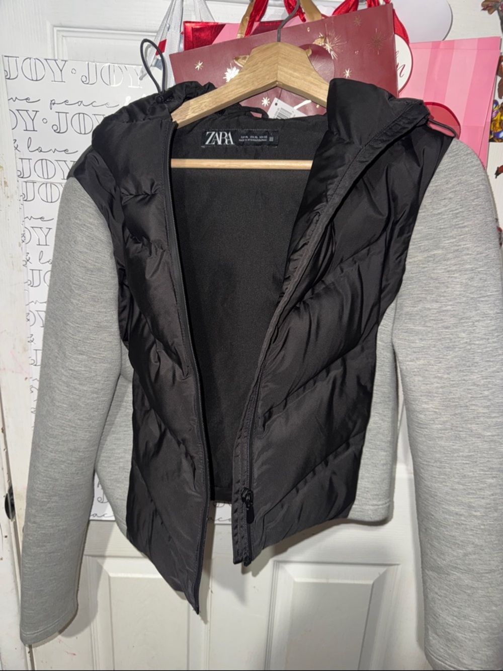 Zara Black Puffer Front with Light Gray Knit Sleeves Hooded Jacket